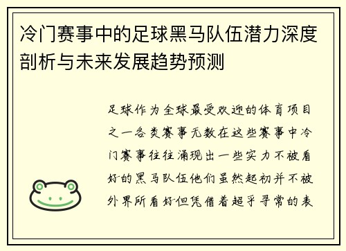 冷门赛事中的足球黑马队伍潜力深度剖析与未来发展趋势预测